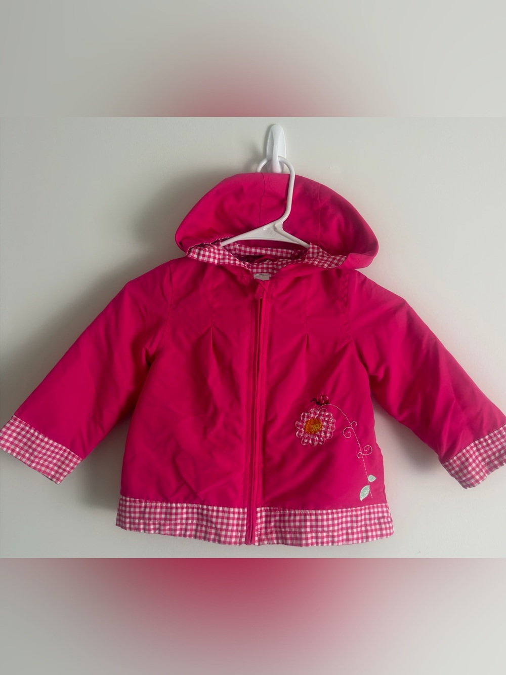 Carter’s Girls 4T Pink Hooded Jacket Gingham Trim Floral Embroidery